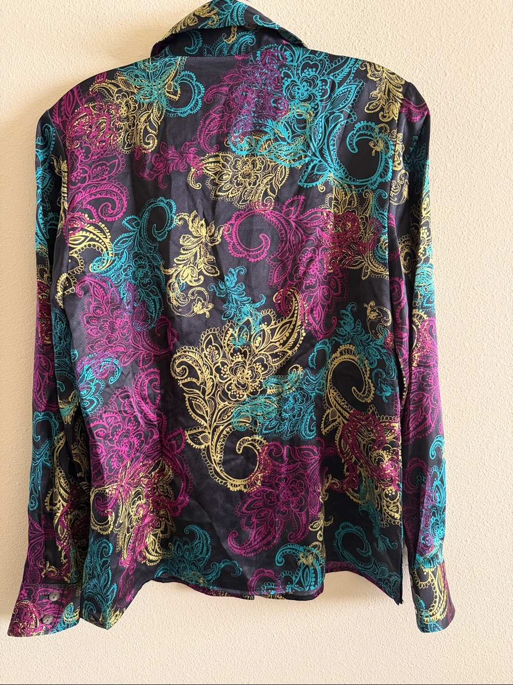Tesori Black Paisley Shirt Teal Magenta Gold Print Button Down Blouse Size S - Picture 5 of 7